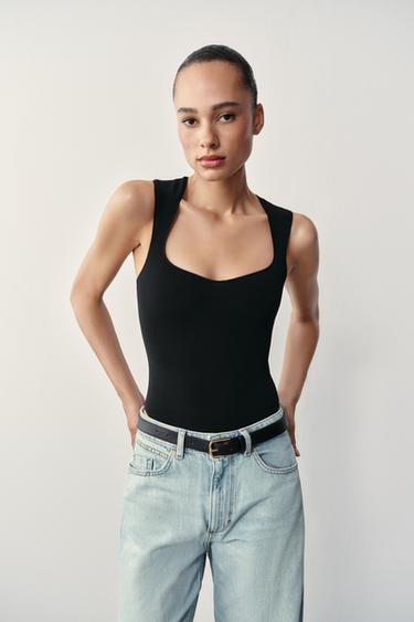 STRETCH SQUARE NECK BODYSUIT - Black by Zara