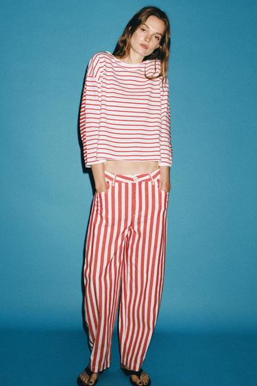 ZW COLLECTION STRIPED TAPERED JEANS - Red / White by Zara - Image 4