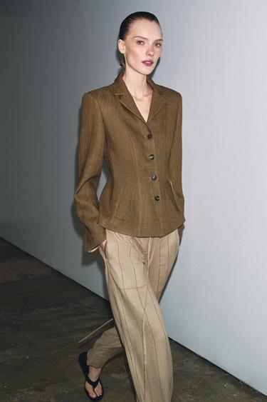 Zara ZW COLLECTION LINEN BLEND PANTS - Mid-camel