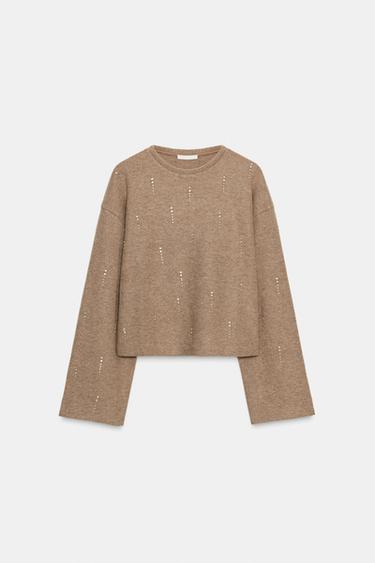 RIBBED SWEATSHIRT WITH RHINESTONES - Beige marl by Zara