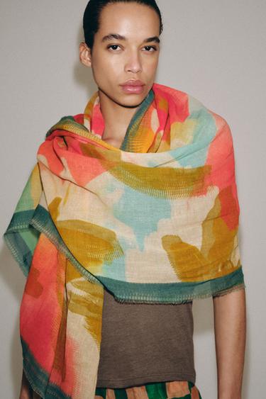WATERCOLOUR PRINT LINEN BLEND SCARF - Multicoloured by Zara