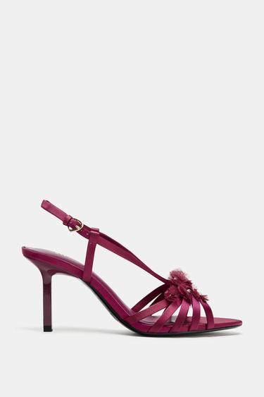Zara SATIN EFFECT FLORAL HEELED SANDALS - Burgundy Red