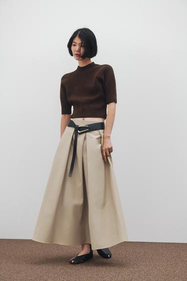 BELTED LAYERED MIDI SKIRT - Mid-camel by Zara