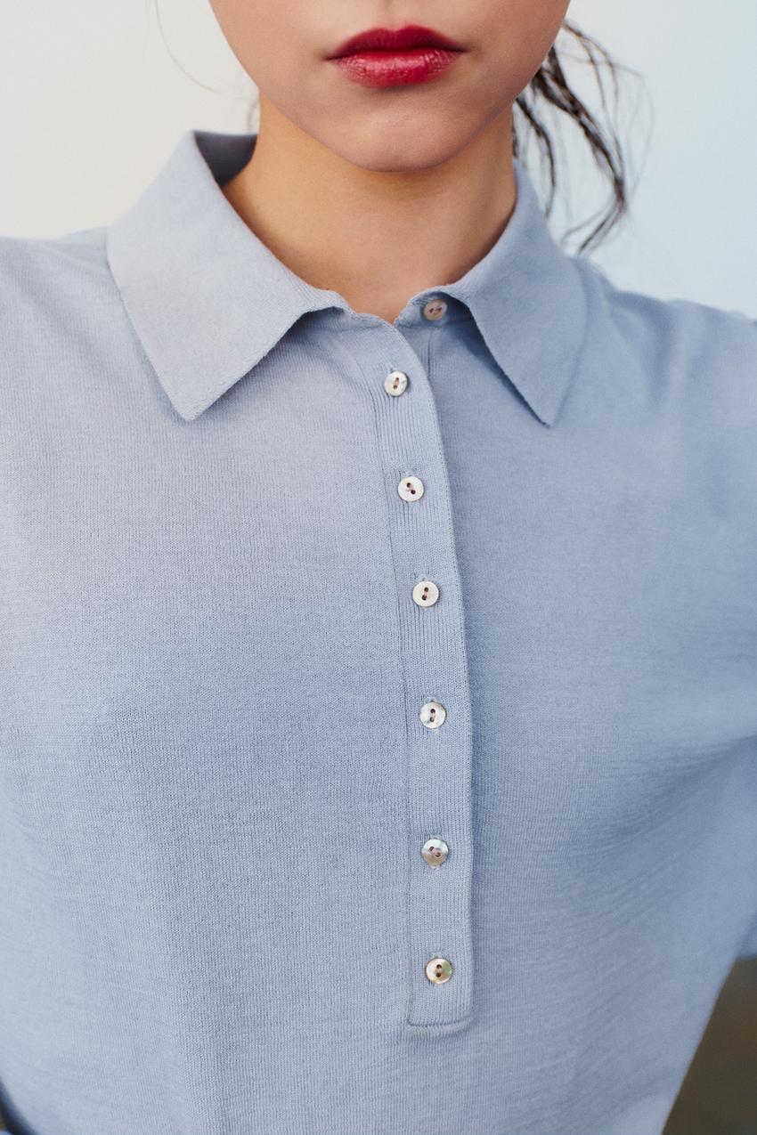 COTTON AND SILK BLEND KNIT POLO - Light blue