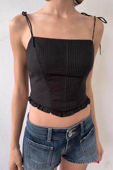 Zara POPLIN CORSET CROP TOP - Black