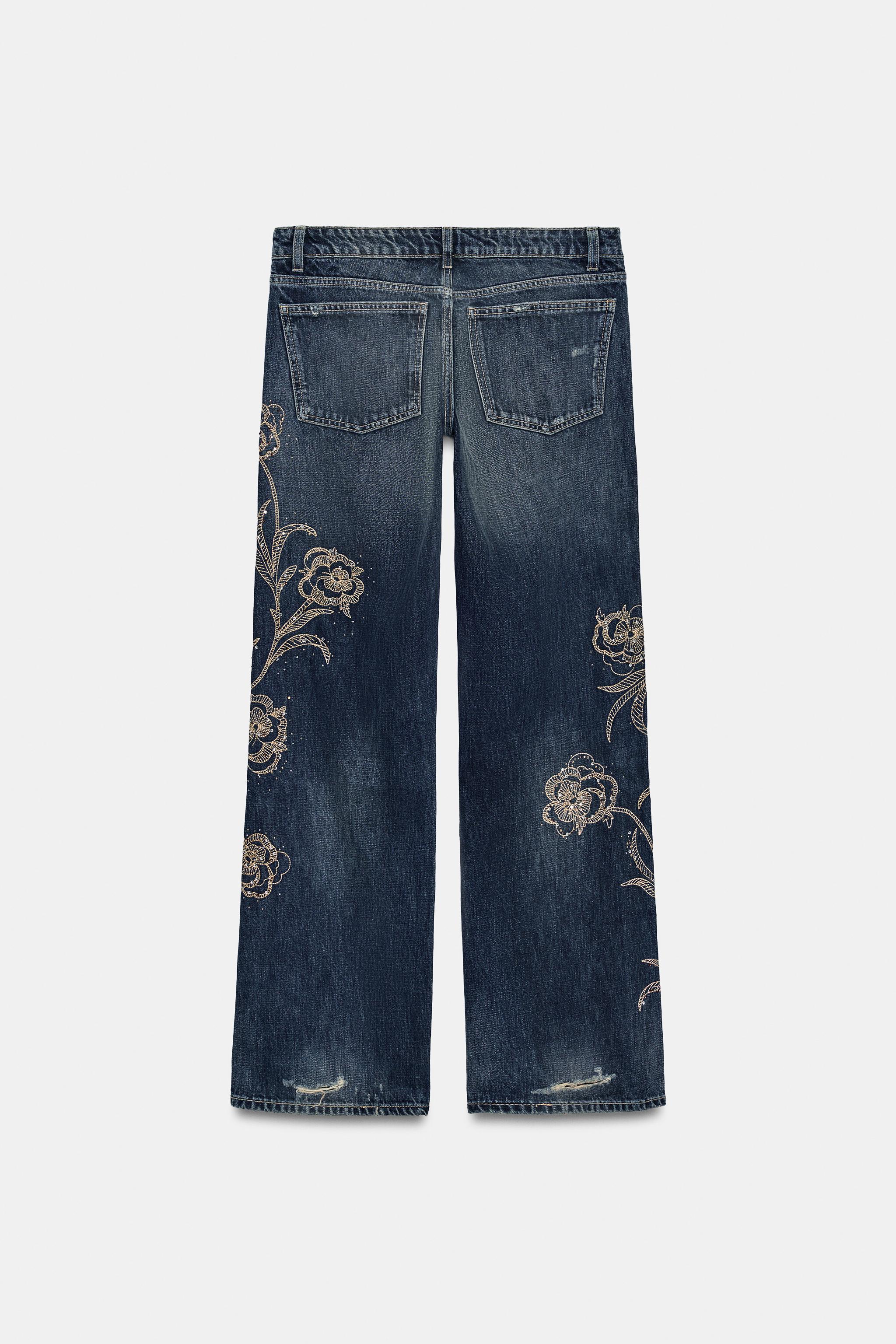 LOW-RISE WIDE-LEG RHINESTONE EMBROIDERED TRF JEANS
