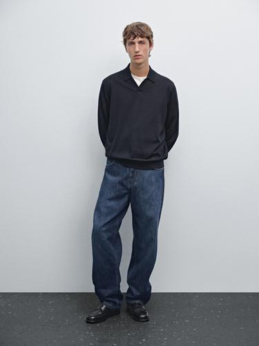Zara 100% merino wool knit polo sweater - Navy blue - Image 0