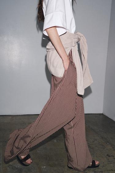 Zara ZW COLLECTION STRIPED FLOWY PANTS - Ecru / Maroon