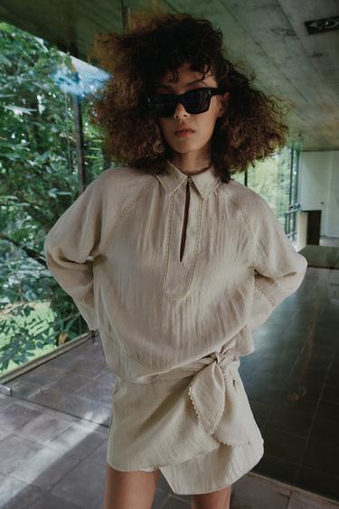 RUSTIC LACE INSERT BLOUSE - Light beige by Zara