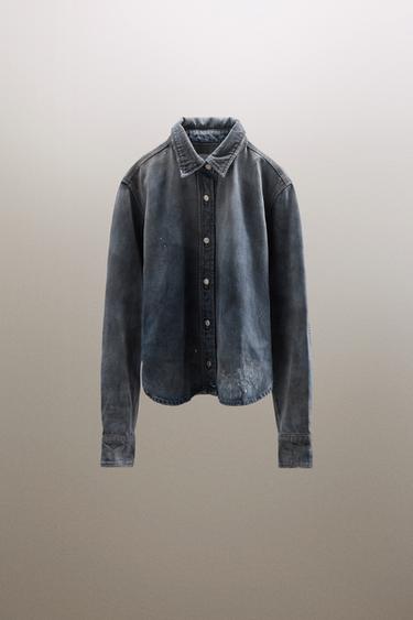 Zara TRF RIPPED WASHED EFFECT DENIM SHIRT - Blue