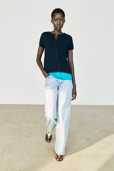 Cardigan en maille de coton et soie - Bleu marine de Zara