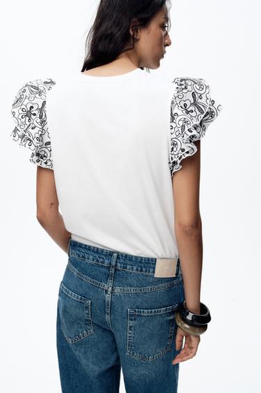 T-SHIRT WITH CONTRAST EMBROIDERY - White by Zara - Image 4