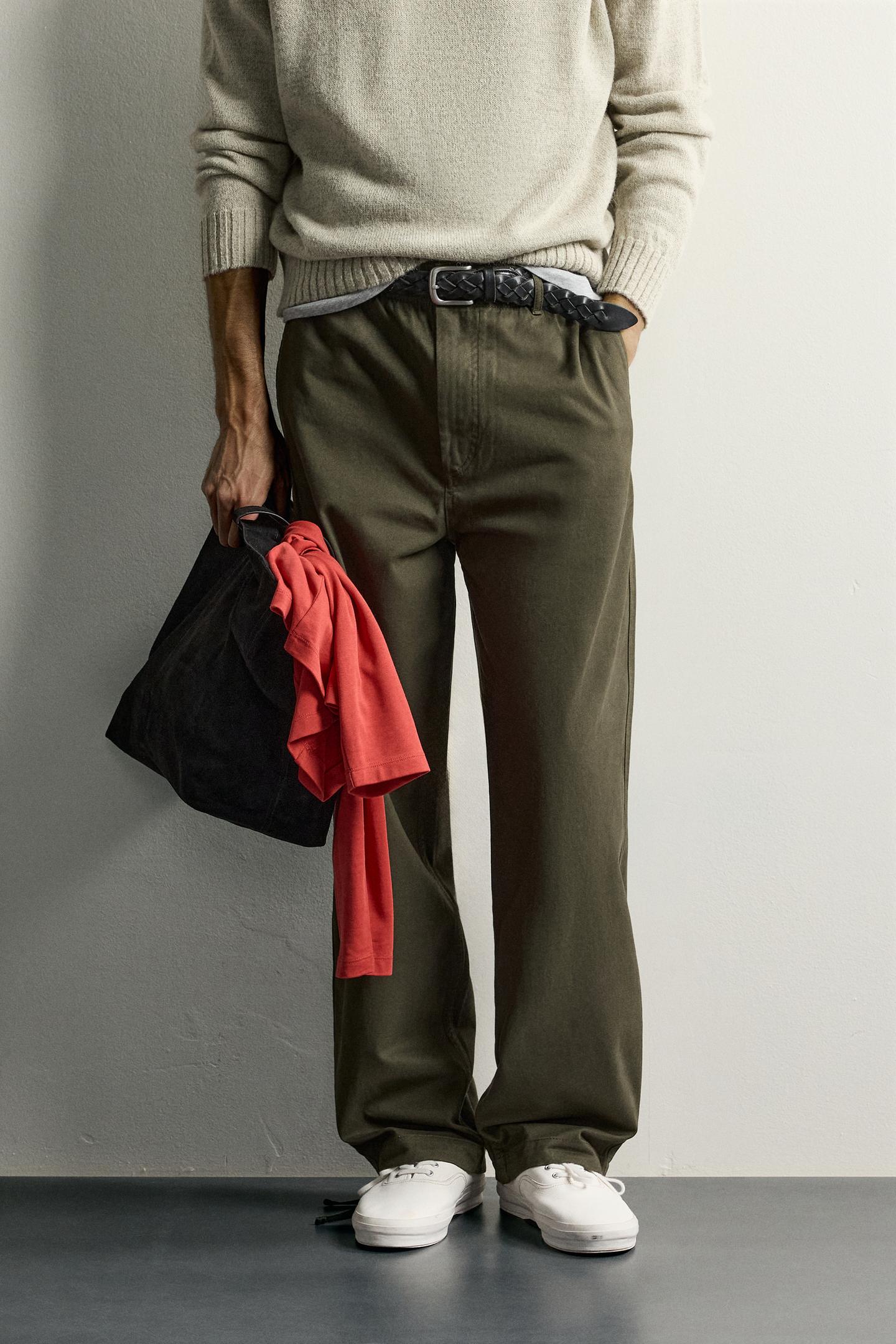 Мужские брюки Zara Cotton Relaxed Fit, цвет: Тёмный хаки — фото 2