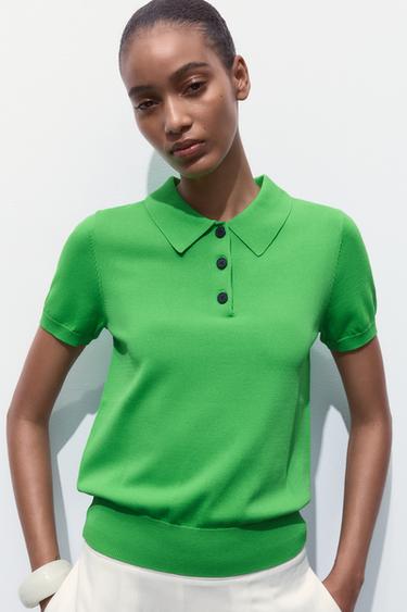 Zara SHORT SLEEVE KNIT POLO TOP - Green
