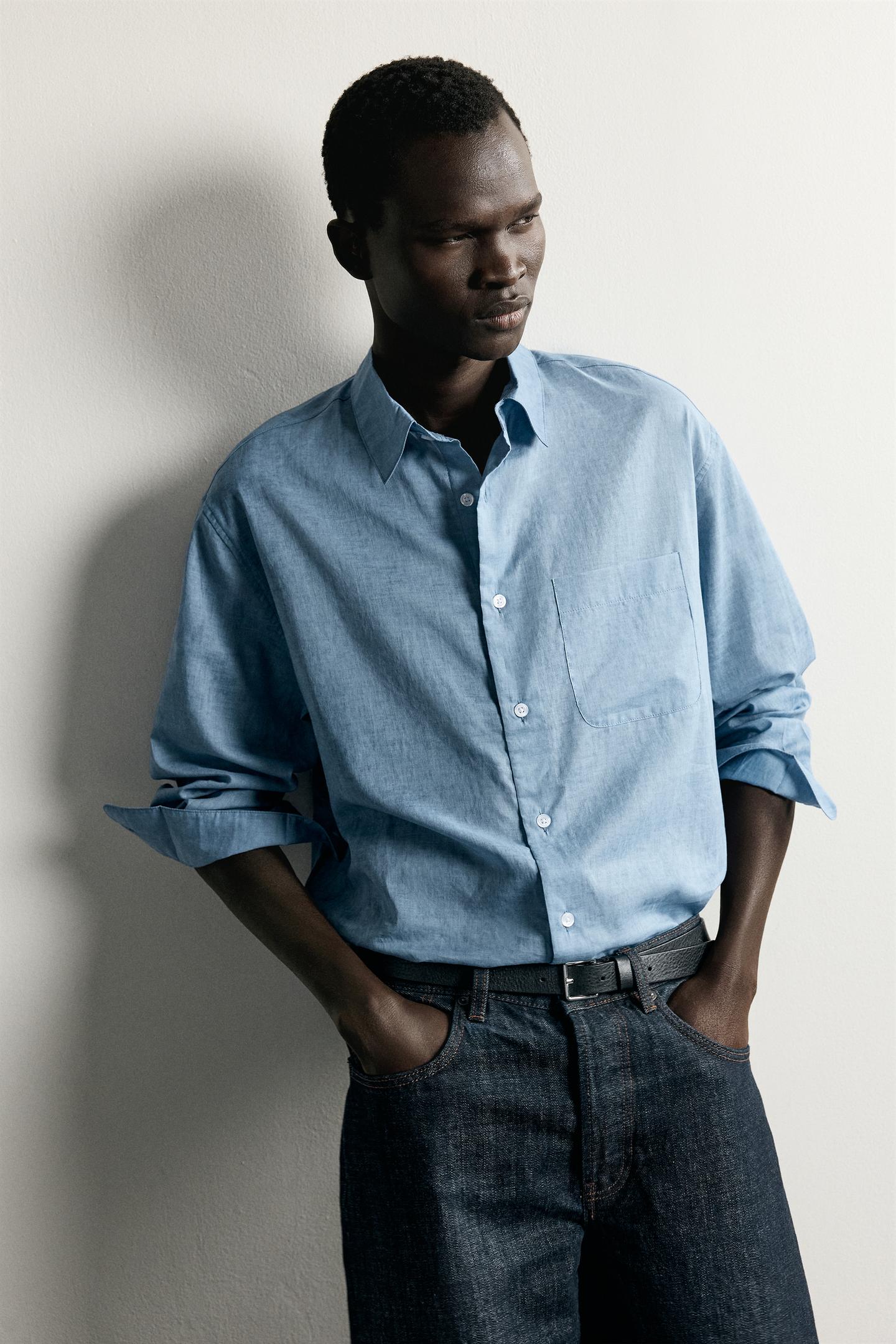 Мужская рубашка Zara Washed-Effect Relaxed-Fit, цвет: Синий меланжевый — фото 6
