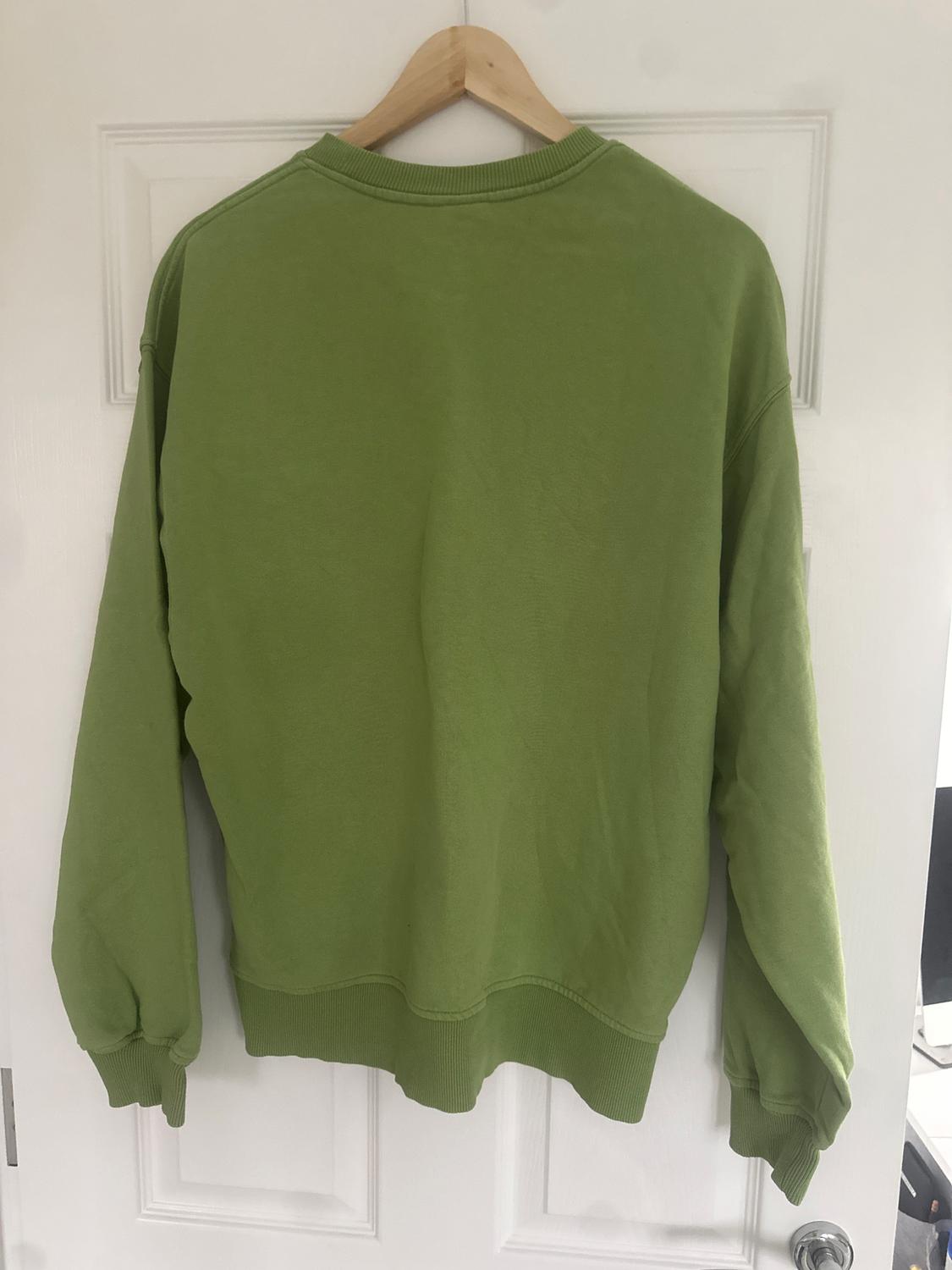 Green hoodie hanging on a wooden hanger over a white door. The hoodie has a simple design with no prints.