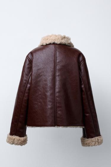 DOUBLE-FACED FAUX SHEARLING AND FAUX LEATHER JACKET - Burgundy by Zara - Image 3