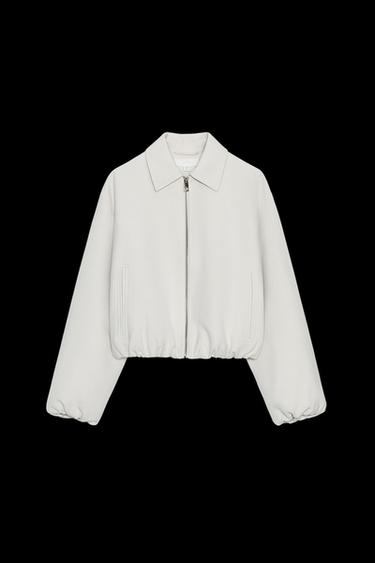 Zara PUFFED ZIPPERED BOMBER JACKET - Ecru