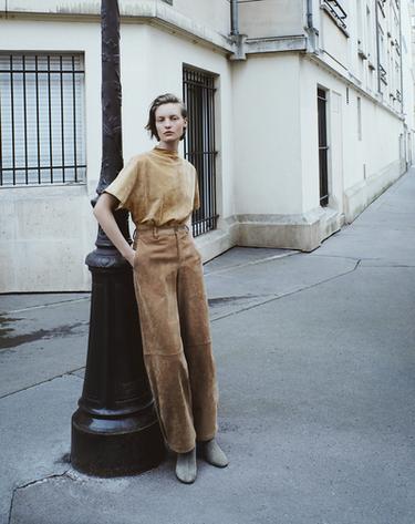 100% LEATHER SUEDE TROUSERS - camel by Zara