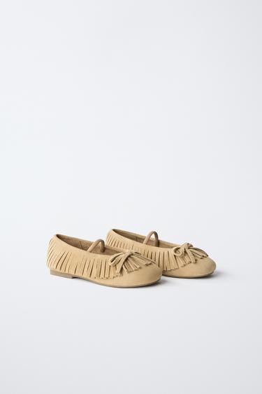 LEATHER FRINGE BALLET FLATS - Sand Brown by Zara - Image 1