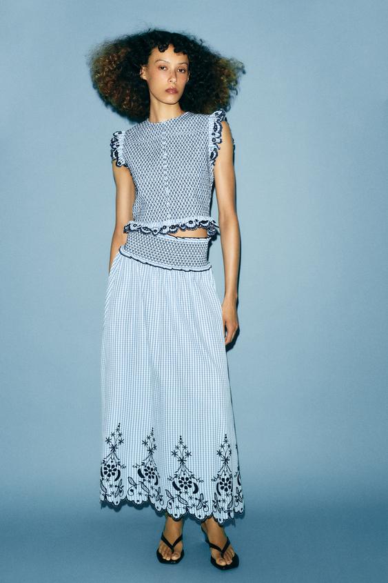 Zara EMBROIDERED PLAID MIDI SKIRT