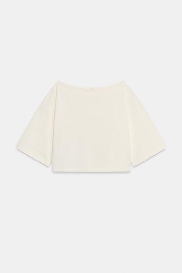 BOAT NECK COTTON T-SHIRT - Ecru by Zara - Image 3
