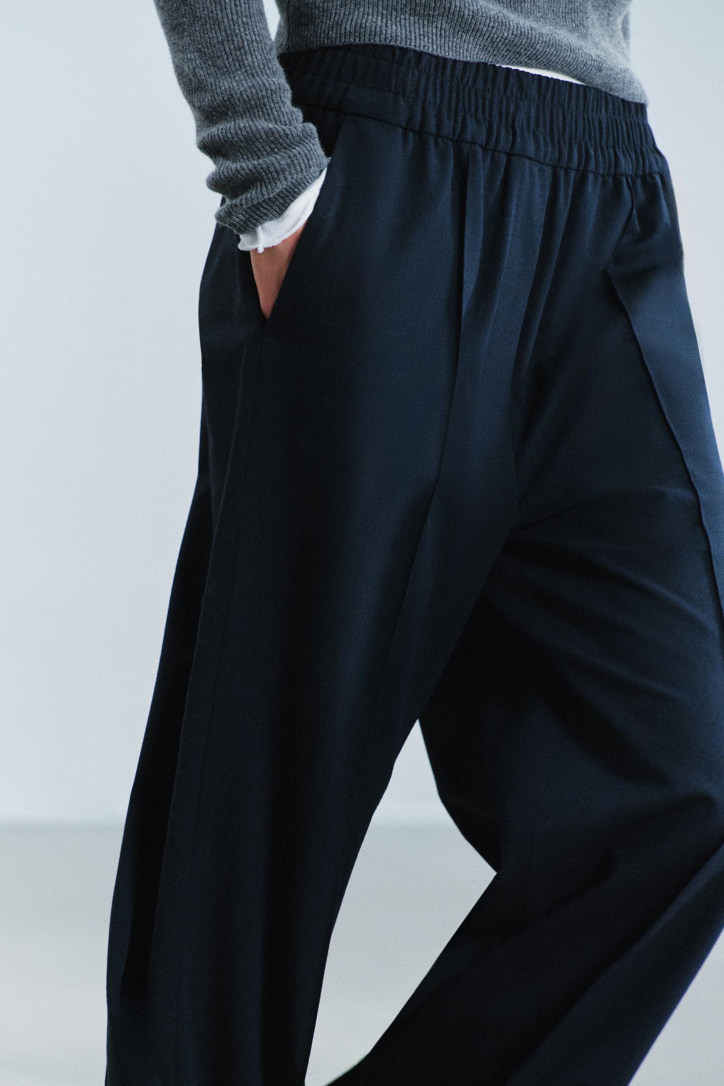 Женские брюки Zara ZW Collection Wool-Blend Flowy, цвет: Тёмно-синий — фото 4