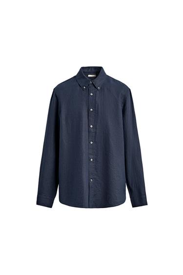 Zara 100% LINEN REGULAR FIT SHIRT - Dark navy