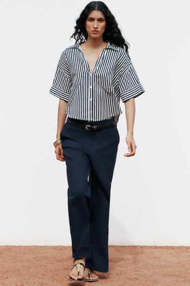 リネン混クロップド丈シャツ青色/白色Zaraのリネン混クロップド丈シャツ - 青色/白色 