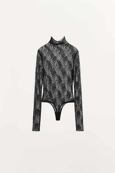 LACE BODYSUIT WITH LONG SLEEVES - Black by Zara - Image 4