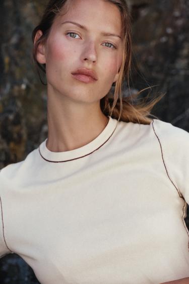 Zara TRIMMED SHORT SLEEVE KNIT TOP - Ecru