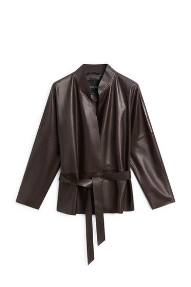 Zara Wrap-front nappa leather jacket with tie detail - Brown