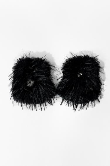 Zara FAUX FUR JEWELED MITTENS - Black