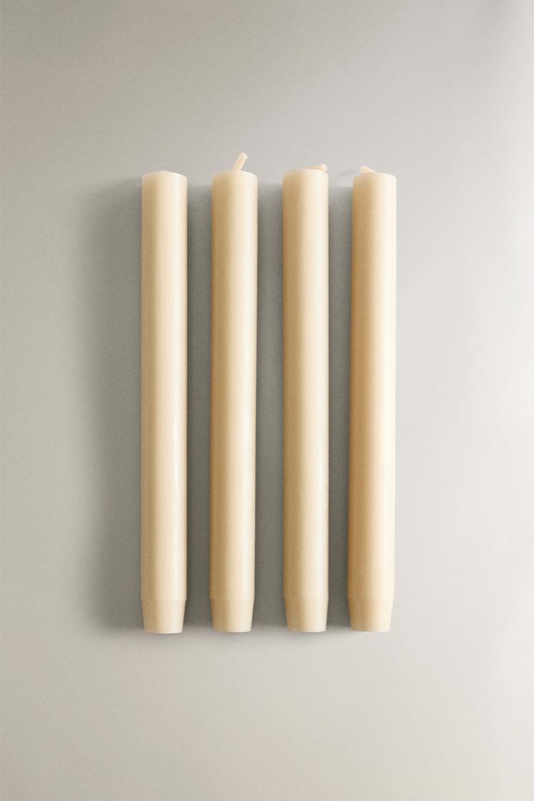 SET OF DECORATIVE CYLINDRICAL LONG TAPER CANDLES (SET OF 4) — Cream