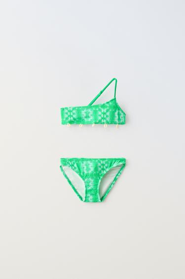 6-14 YEARS/ ASYMMETRIC TEXTURED BIKINI SET WITH SEASHELLS - Green by Zara