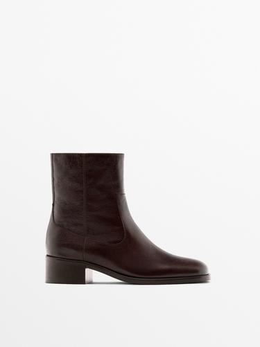 Zara Crackled leather flat ankle boots - Burgundy Red