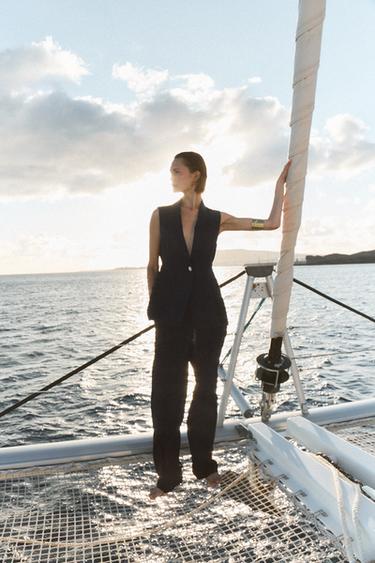 PANTALON DROIT AVEC LIN - Bleu marine de Zara