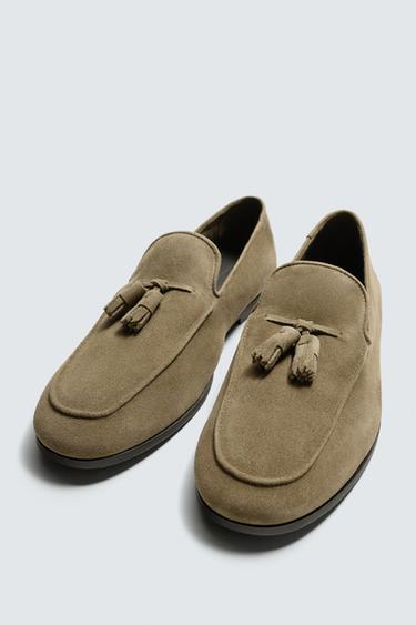 LEATHER LOAFERS WITH TASSELS - Taupe Grey by Zara - Image 1