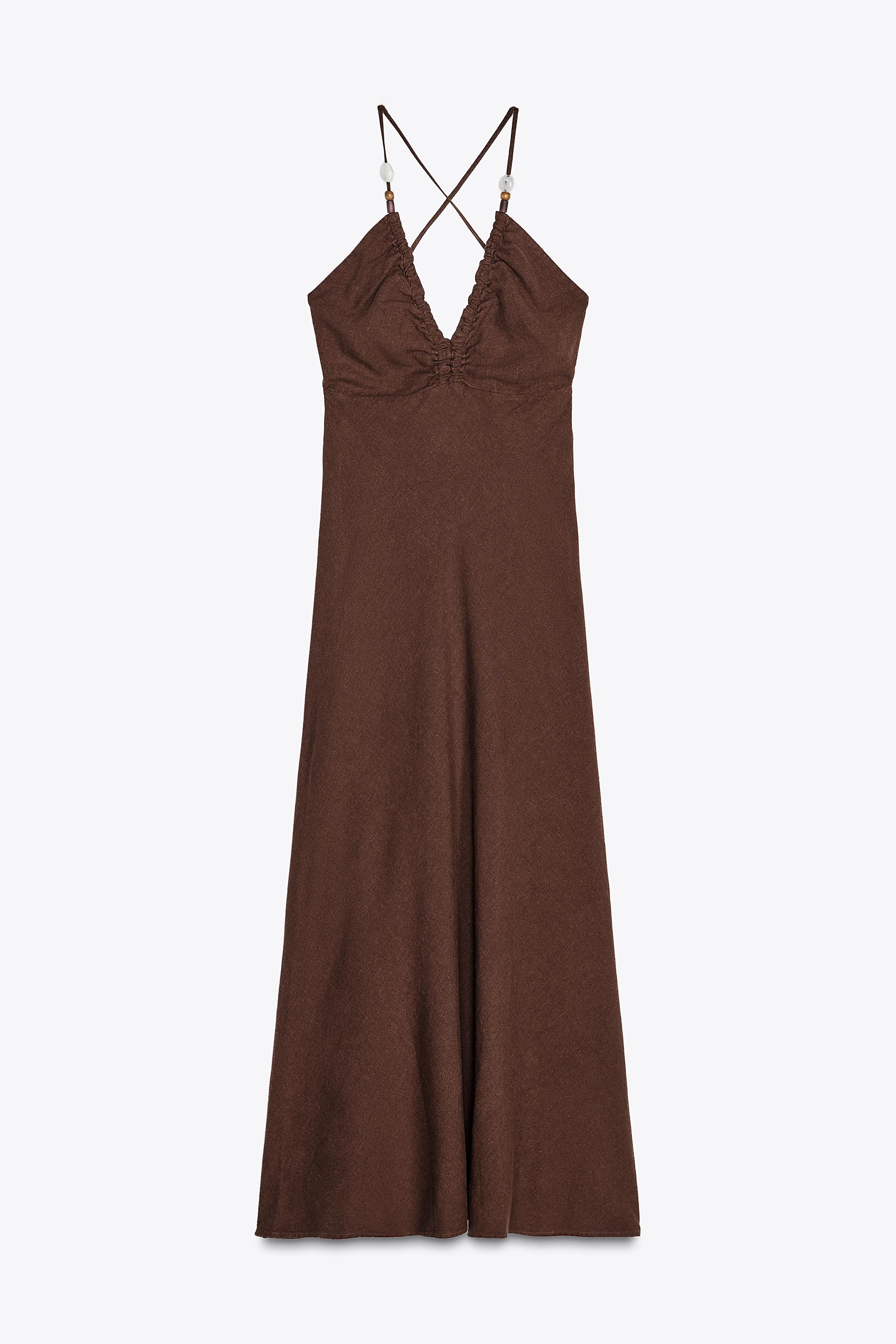 【ZARA】ビーズ付きリネンミディ丈ワンピース | 4387/056/700 ZARA】ビーズ付きリネンミディ丈ワンピース | 4387/056/700