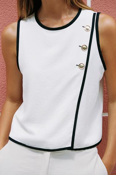 TOP LISERÉS CONTRASTANTS - Écru / Bleu marine de Zara - Image 4