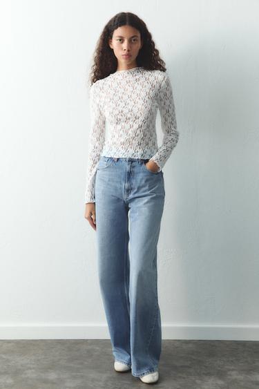 CAMISETA ENCAJE MANGA LARGA - Crudo de Zara