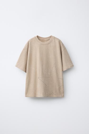 FADED-EFFECT T-SHIRT WITH STUDS - Sand by Zara