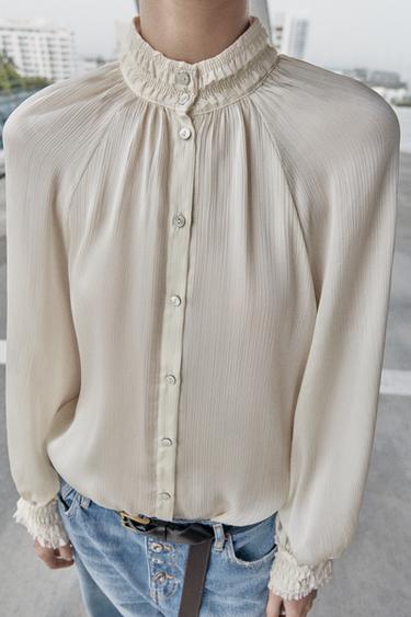 HIGH-NECK SATIN BLOUSE - Ecru by Zara