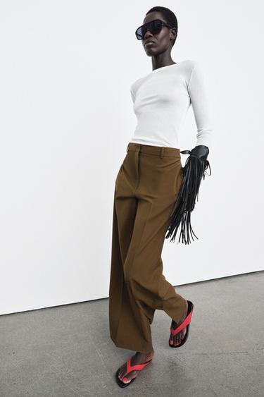 Zara ZW COLLECTION VENTED STRAIGHT LEG PANTS - Khaki