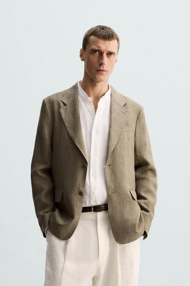Zara LIMITED EDITION 100% LINEN SUIT BLAZER - taupe brown