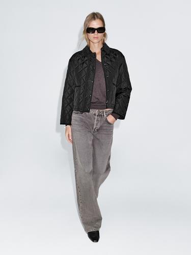 Zara Short lightweight puffer jacket with corduroy detail - Black - Image 0