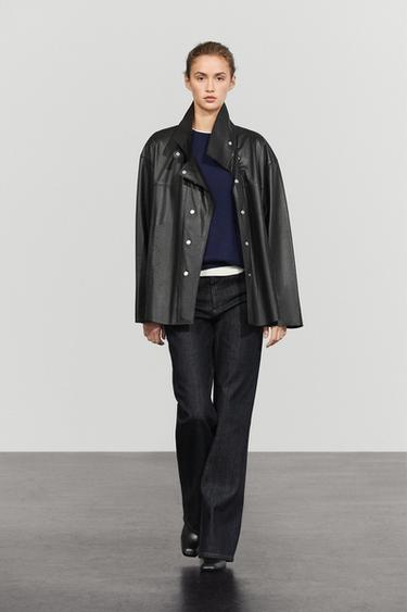 Leather button-detail jacket — Black 1