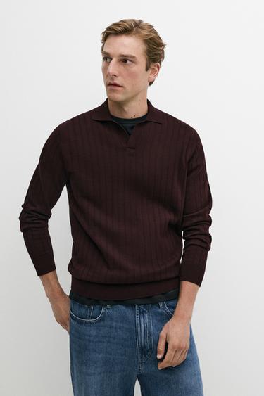 Zara 100% Cotton Knit Polo Sweater - Burgundy