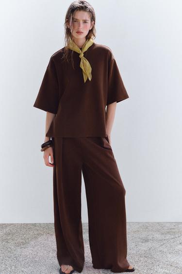 Zara WASHED EFFECT INTERLOCK T-SHIRT - Dark brown