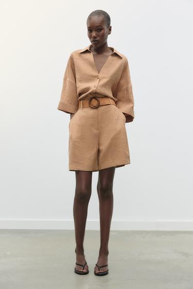 Zara SHIRT WITH TABBED SLEEVES - Mid-camel - Image 0